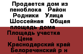 Продается дом из пеноблока › Район ­ Родники › Улица ­ Шоссейная › Общая площадь дома ­ 80 › Площадь участка ­ 4 › Цена ­ 2 150 000 - Краснодарский край, Белореченский р-н, Белореченск г. Недвижимость » Дома, коттеджи, дачи продажа   . Краснодарский край